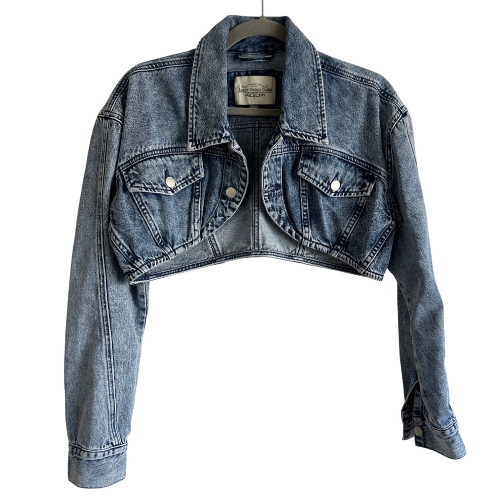 Ashley Vintage Charm Acid Wash Cropped Denim Jacket Y2K Streetwear Retro 90s Med